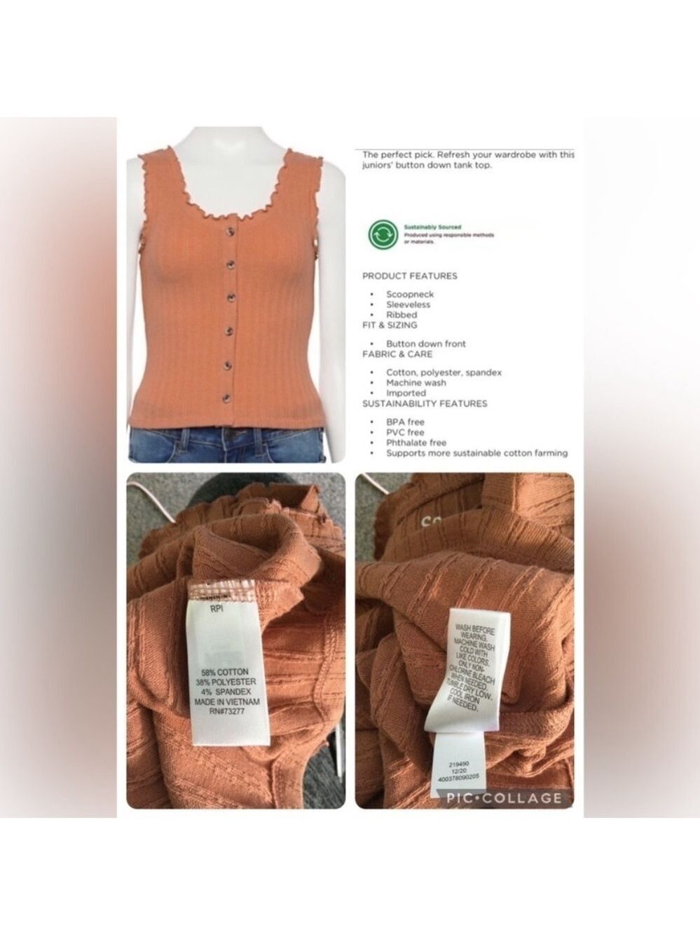 SO button down sleeveless tank Woman’s Junior’s size XL cinnamon scoop neck - Picture 3 of 11